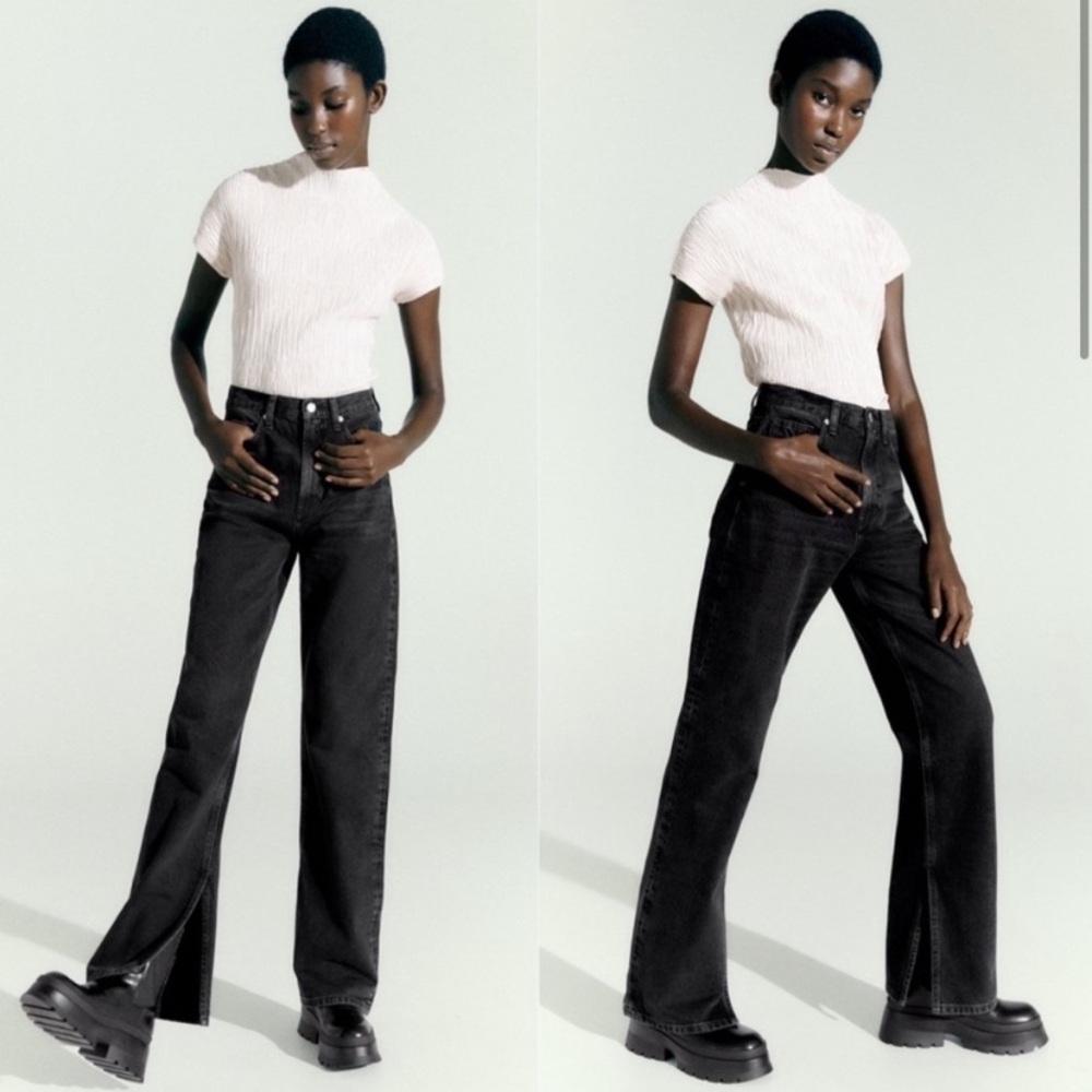 🆕 Zara Black Split hem wide Straight Jeans